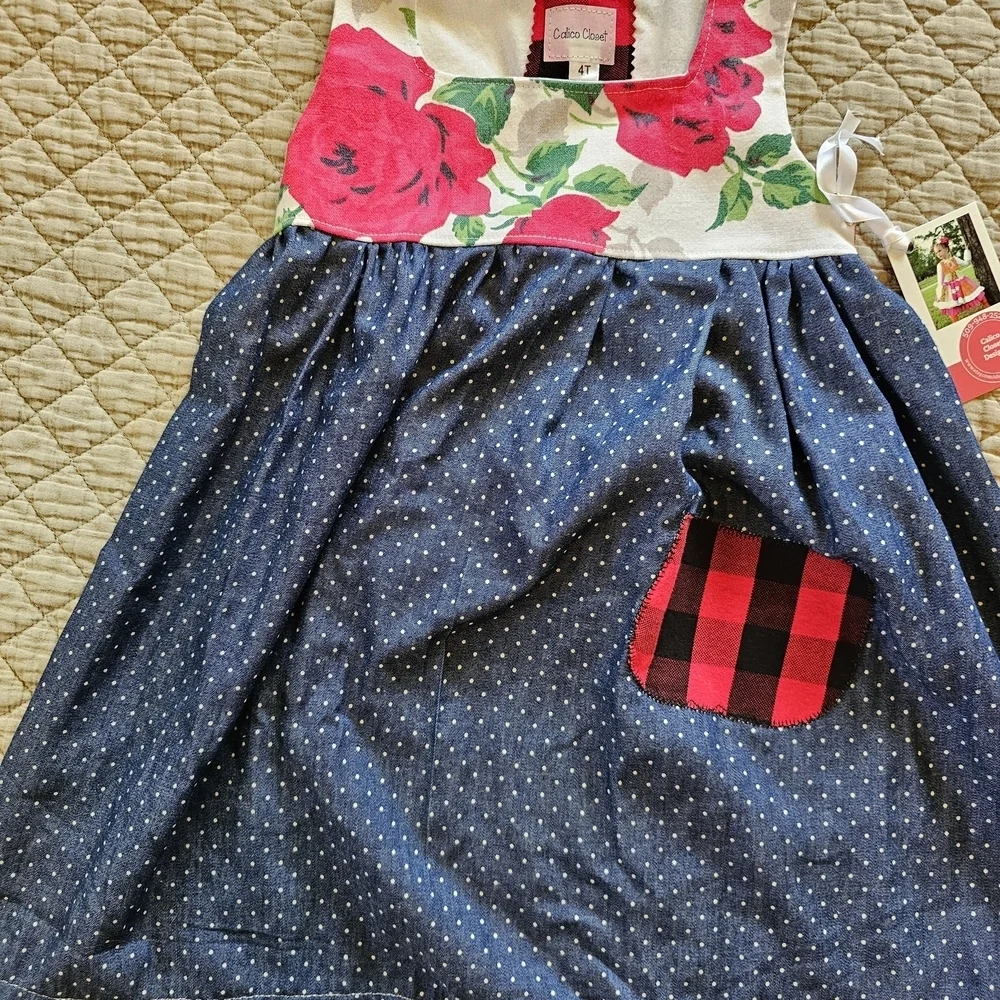 Handmade 4t Floral Rose Polka Dot Jumper Dress Vintage Linens Calico Closet Boho